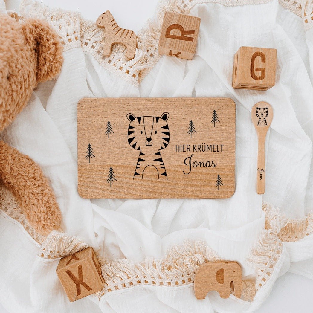 Frühstücksbrettchen mit Kinderlöffel personalisiert - Tier Wald Gravur - wunderwunsch