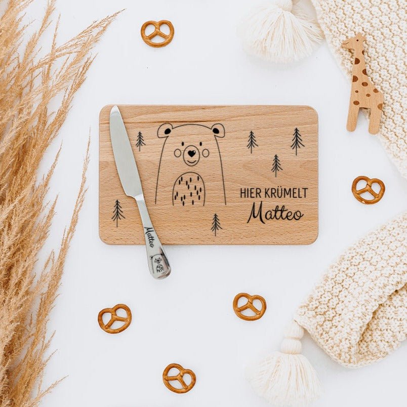 Frühstücksbrettchen mit Kindermesser personalisiert - Tier Wald Gravur - wunderwunsch