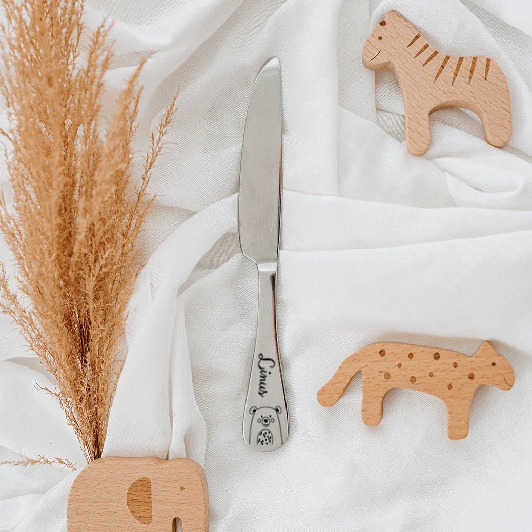 Frühstücksbrettchen mit Kindermesser personalisiert - Tiere unten Gravur - wunderwunsch
