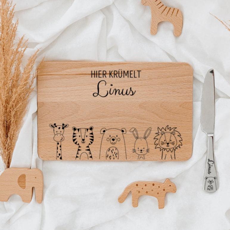Frühstücksbrettchen mit Kindermesser personalisiert - Tiere unten Gravur - wunderwunsch