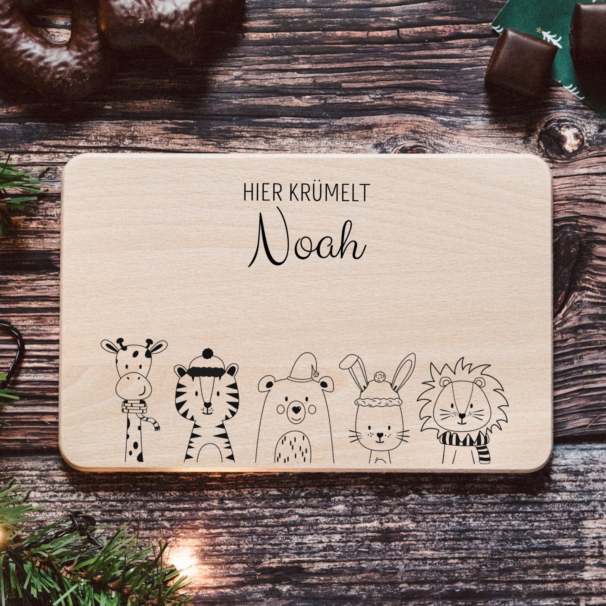 Frühstücksbrettchen Weihnachten "Tiere unten" mit Namen - wunderwunsch