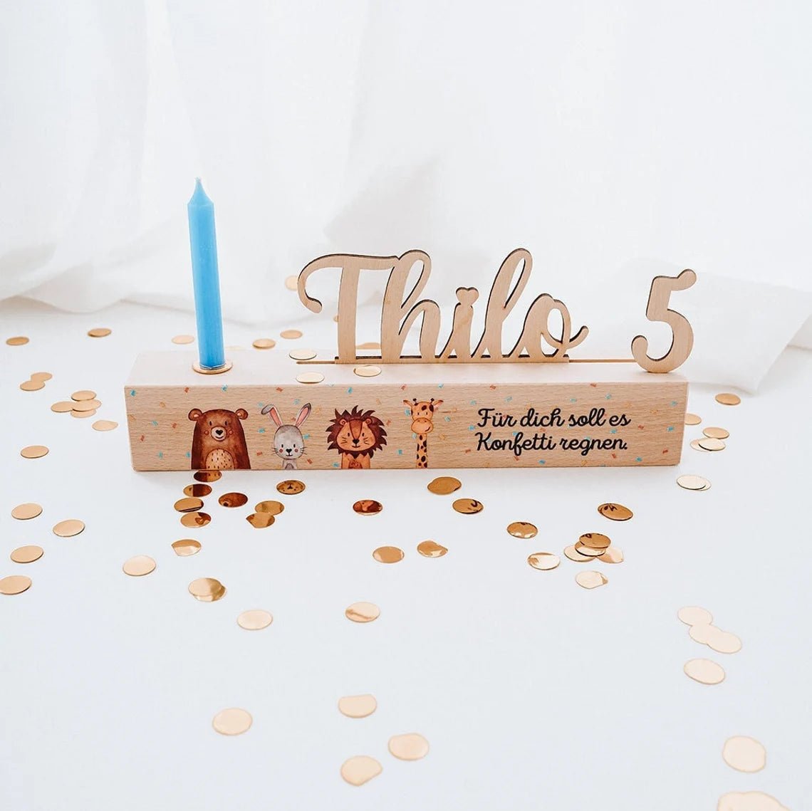 Geburtstagskerzenhalter Holz personalisiert - Aquarell Tiere - wunderwunsch