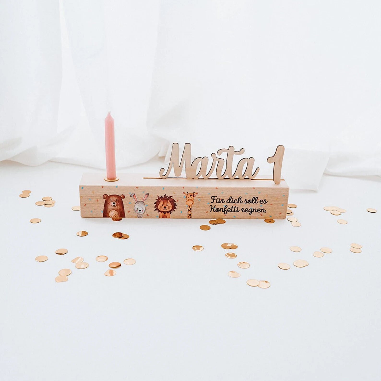 Geburtstagskerzenhalter Holz personalisiert - Aquarell Tiere - wunderwunsch