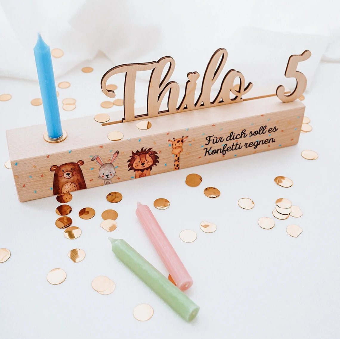 Geburtstagskerzenhalter Holz personalisiert - Aquarell Tiere - wunderwunsch