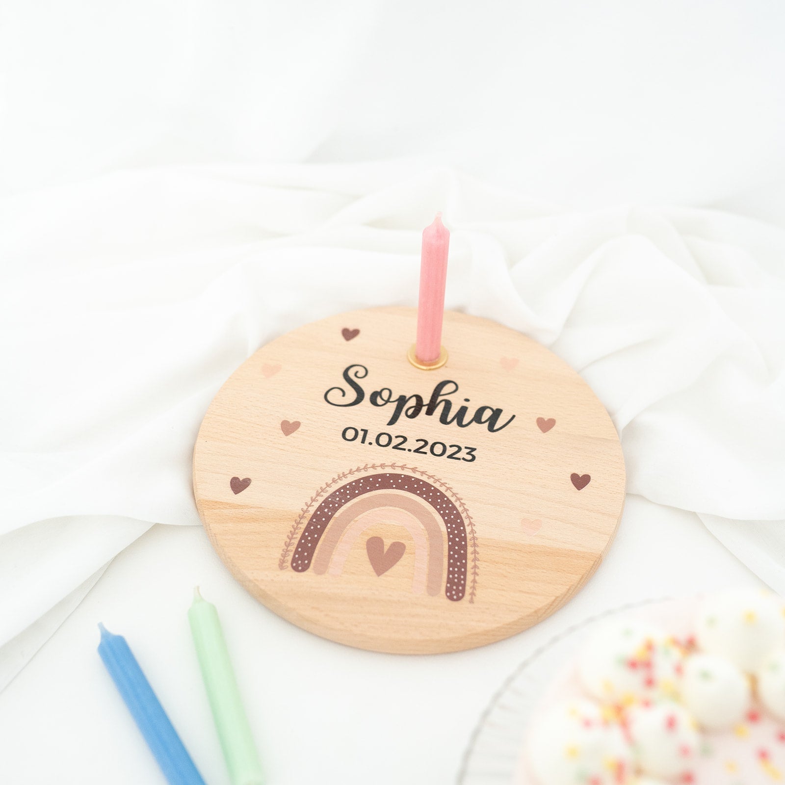 Geburtstagsteller Holz personalisiert - Regenbogen beige Aquarell - wunderwunsch
