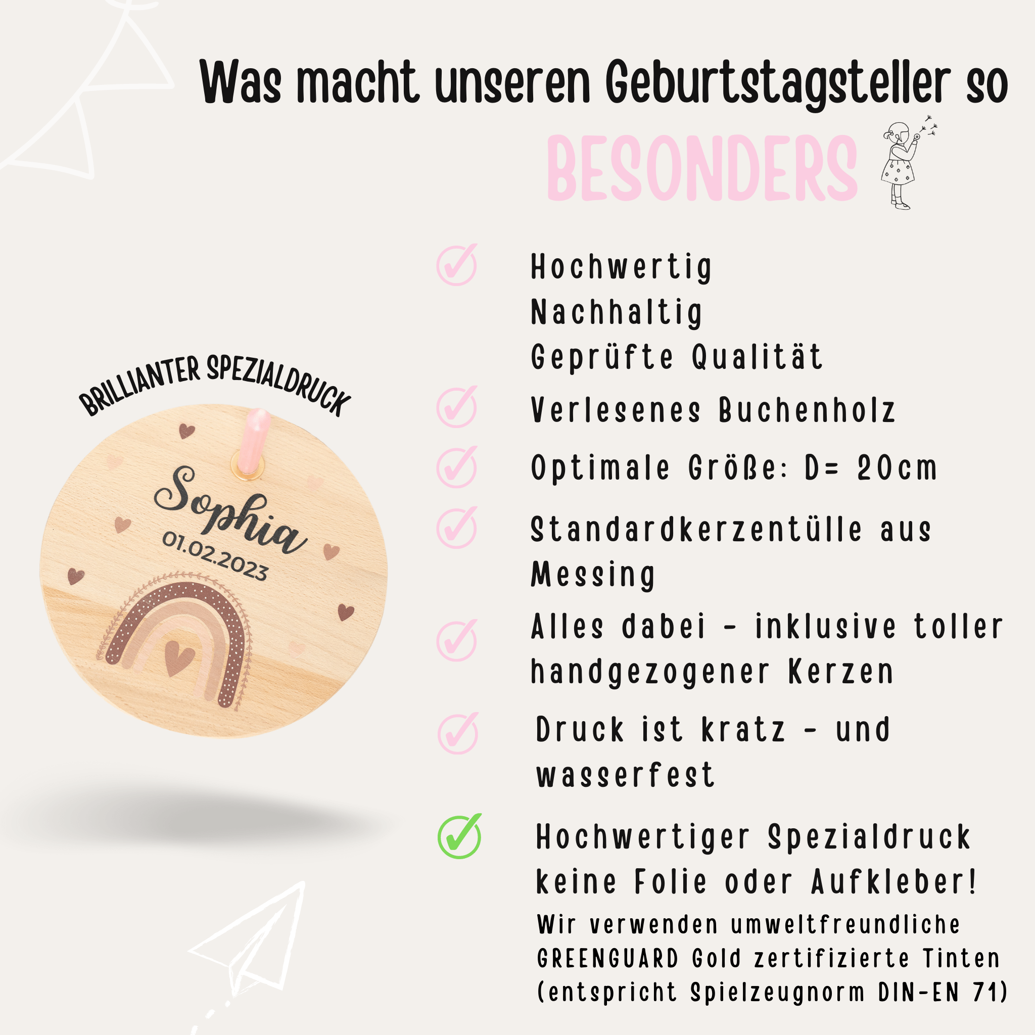 Geburtstagsteller Holz personalisiert - Regenbogen beige Aquarell - wunderwunsch