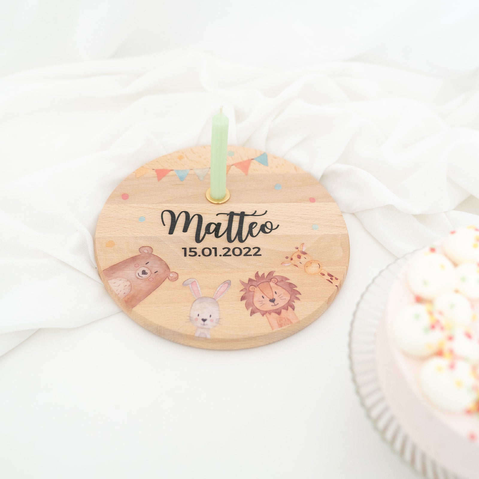 Geburtstagsteller Holz personalisiert - Tiere Aquarell - wunderwunsch