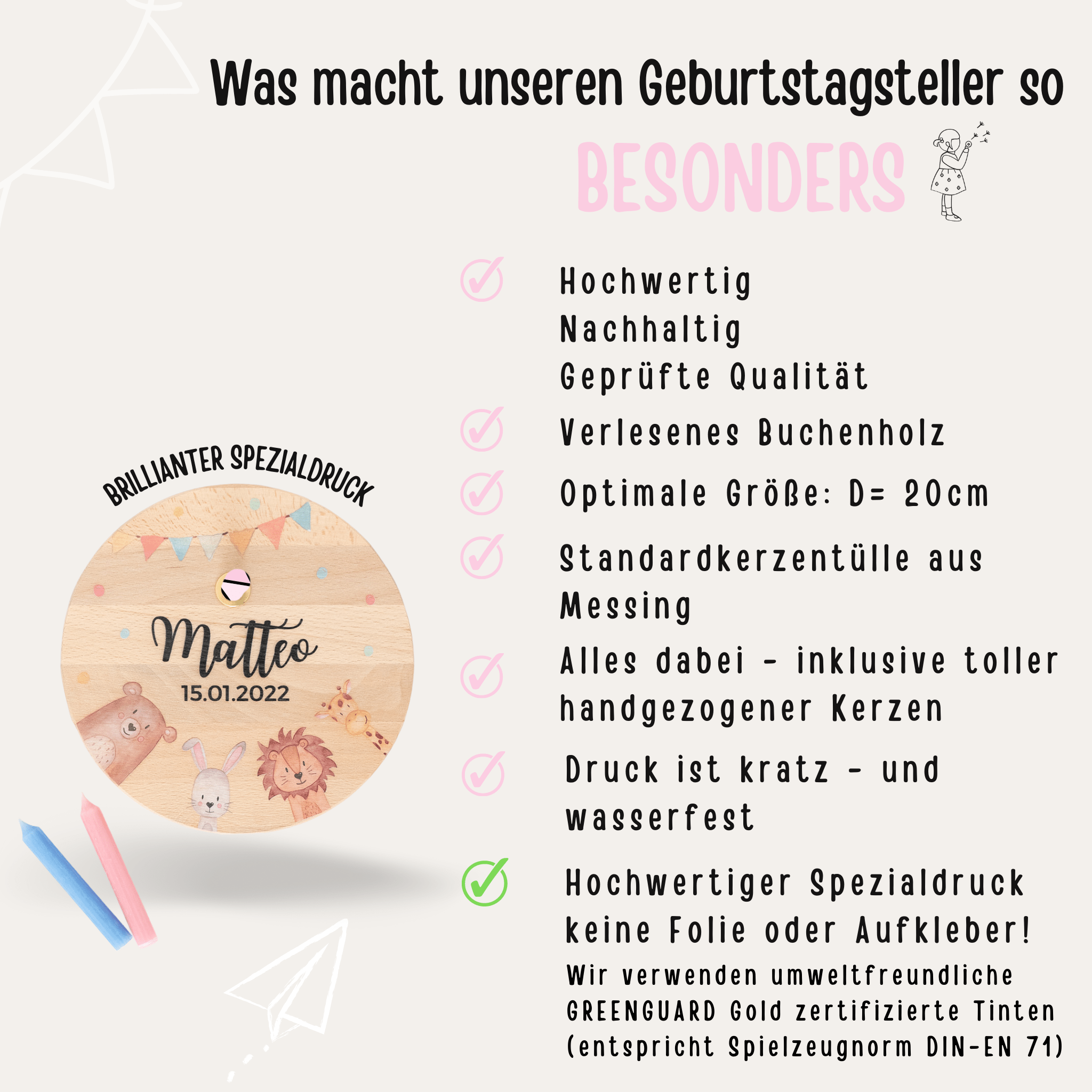 Geburtstagsteller Holz personalisiert - Tiere Aquarell - wunderwunsch