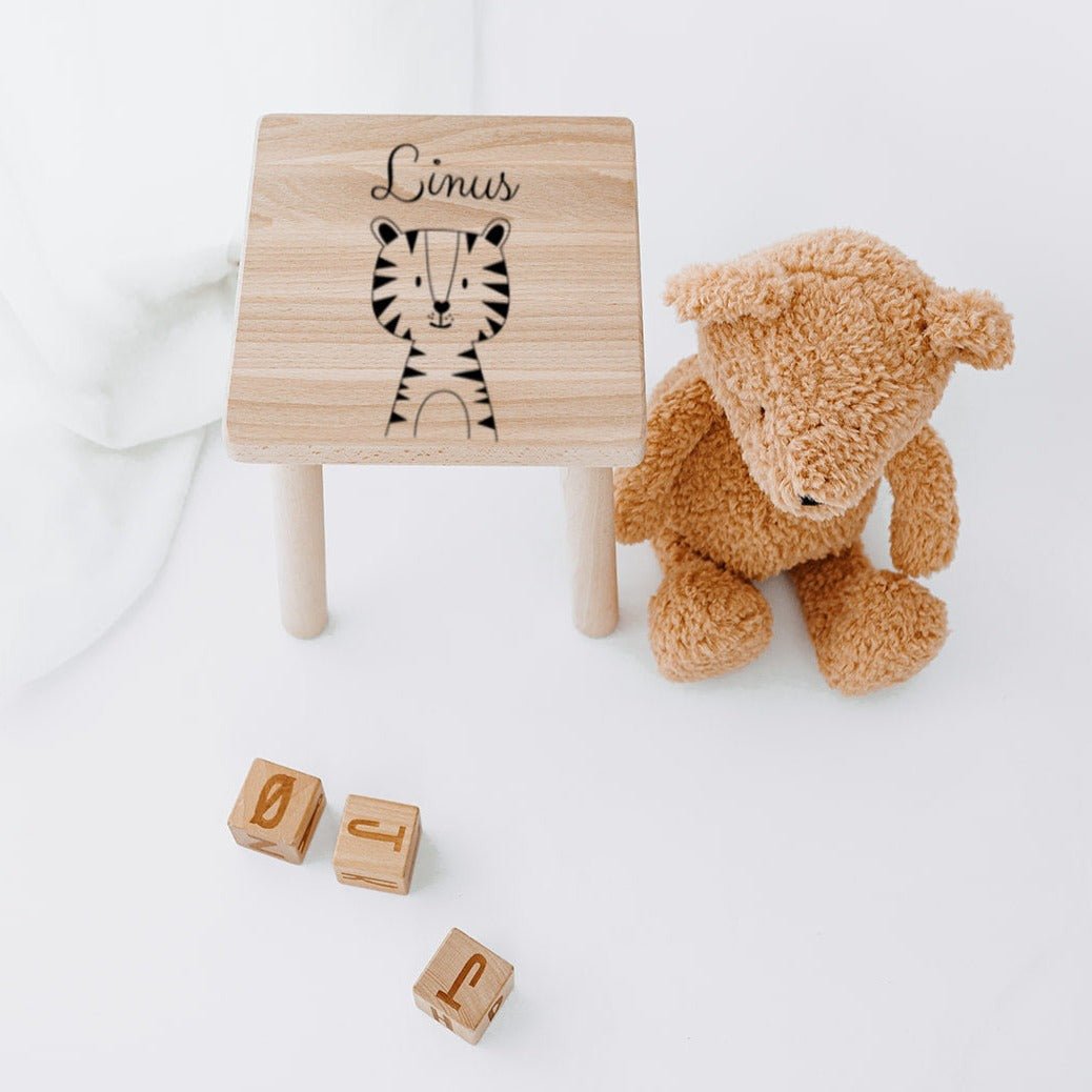 Holzhocker Kinder personalisiert - Tier Gravur - wunderwunsch