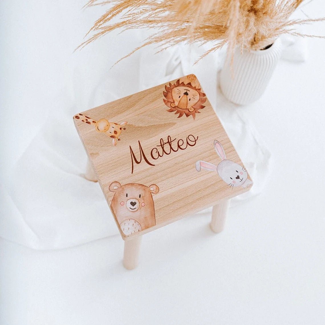 Holzhocker Kinder personalisiert - Tiere Aquarell - wunderwunsch