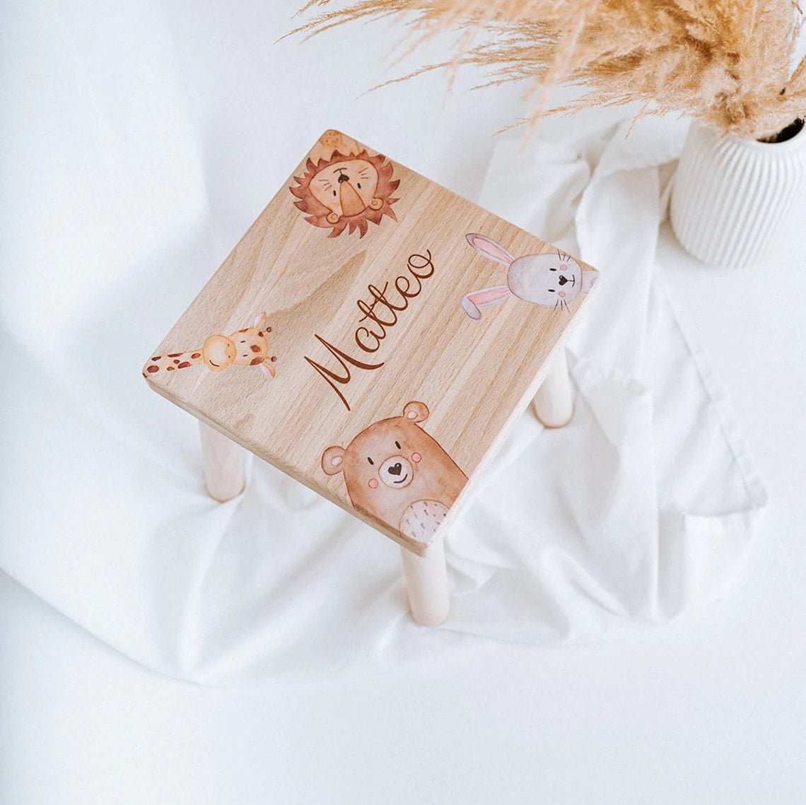 Holzhocker Kinder personalisiert - Tiere Aquarell - wunderwunsch