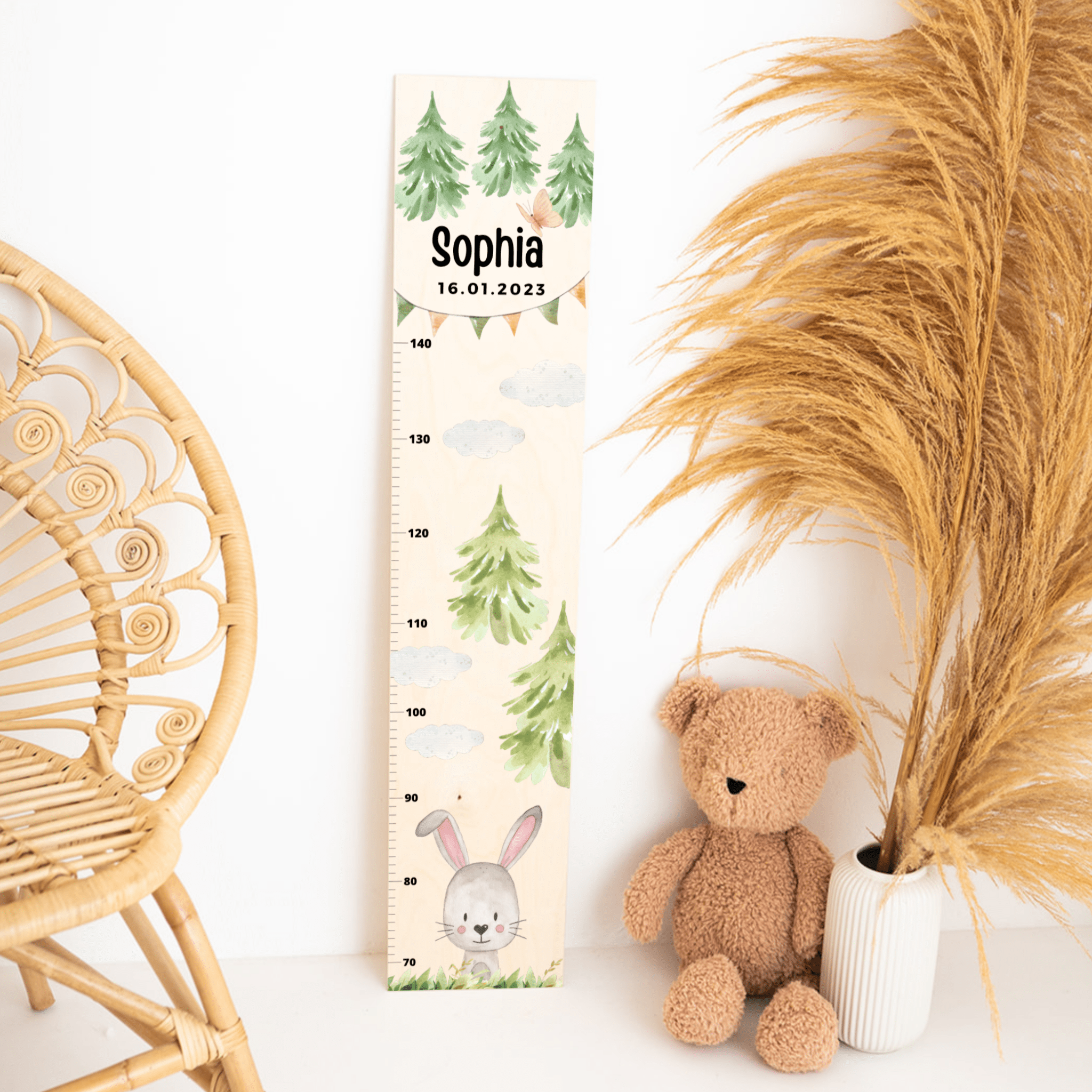 Kindermesslatte Holz personalisiert - Tier Wald Aquarell - wunderwunsch