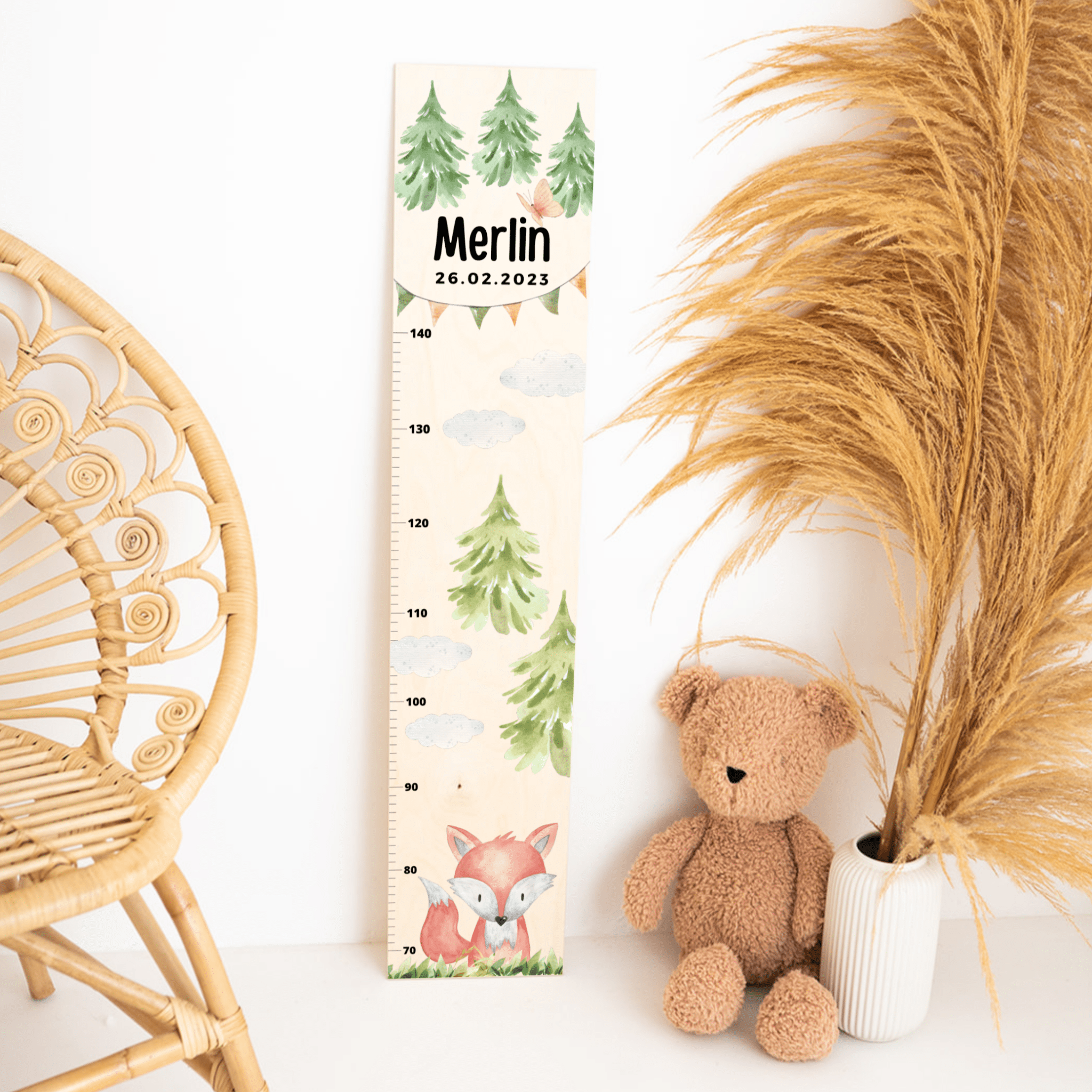 Kindermesslatte Holz personalisiert - Tier Wald Aquarell - wunderwunsch