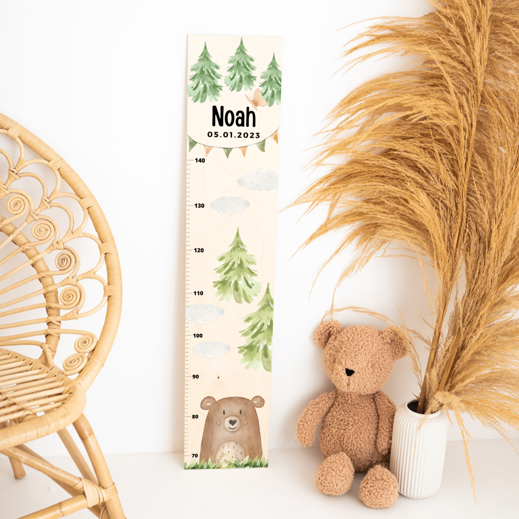 Kindermesslatte Holz personalisiert - Tier Wald Aquarell - wunderwunsch