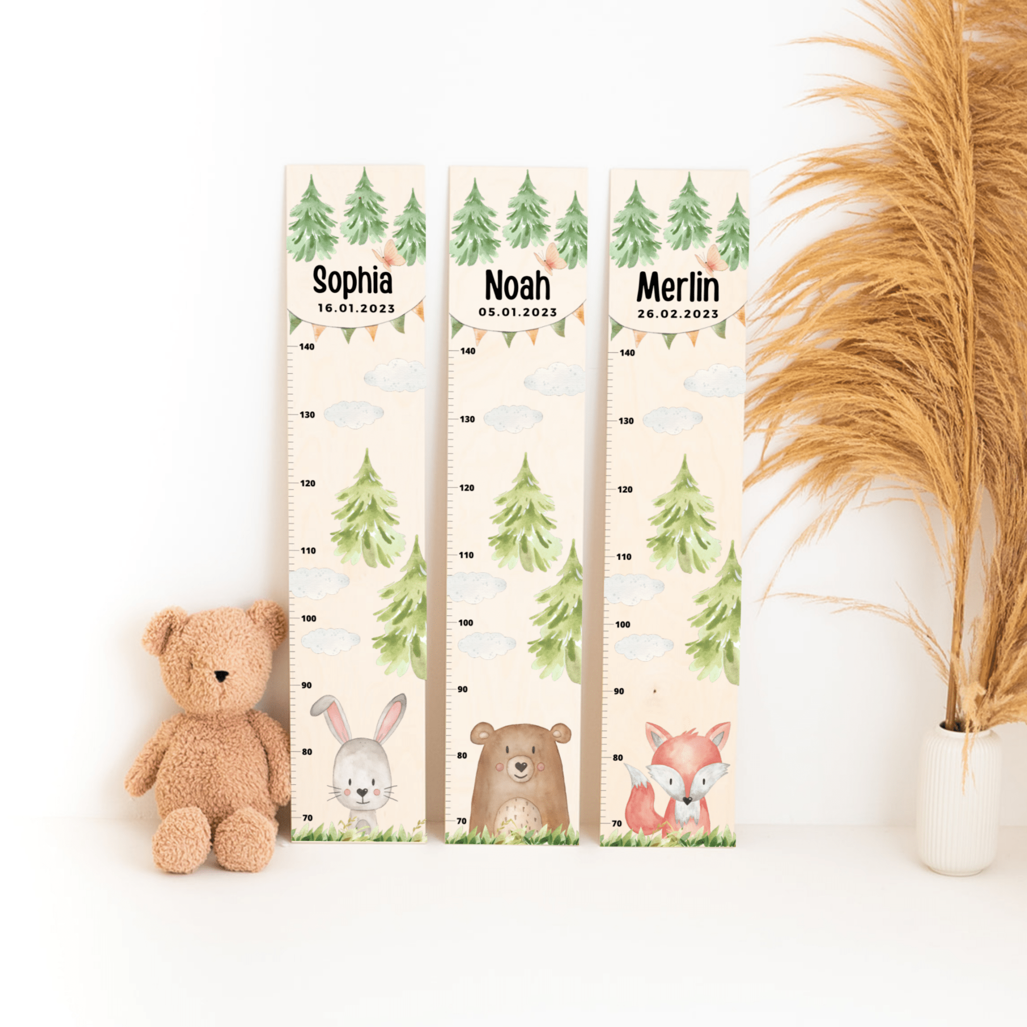Kindermesslatte Holz personalisiert - Tier Wald Aquarell - wunderwunsch