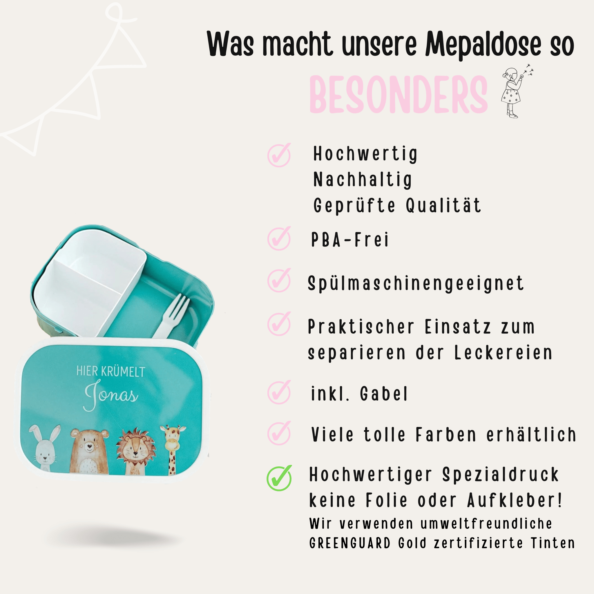 MEPAL Brotdose personalisiert mit Bento Einsatz - Tiere unten Aquarell - wunderwunsch