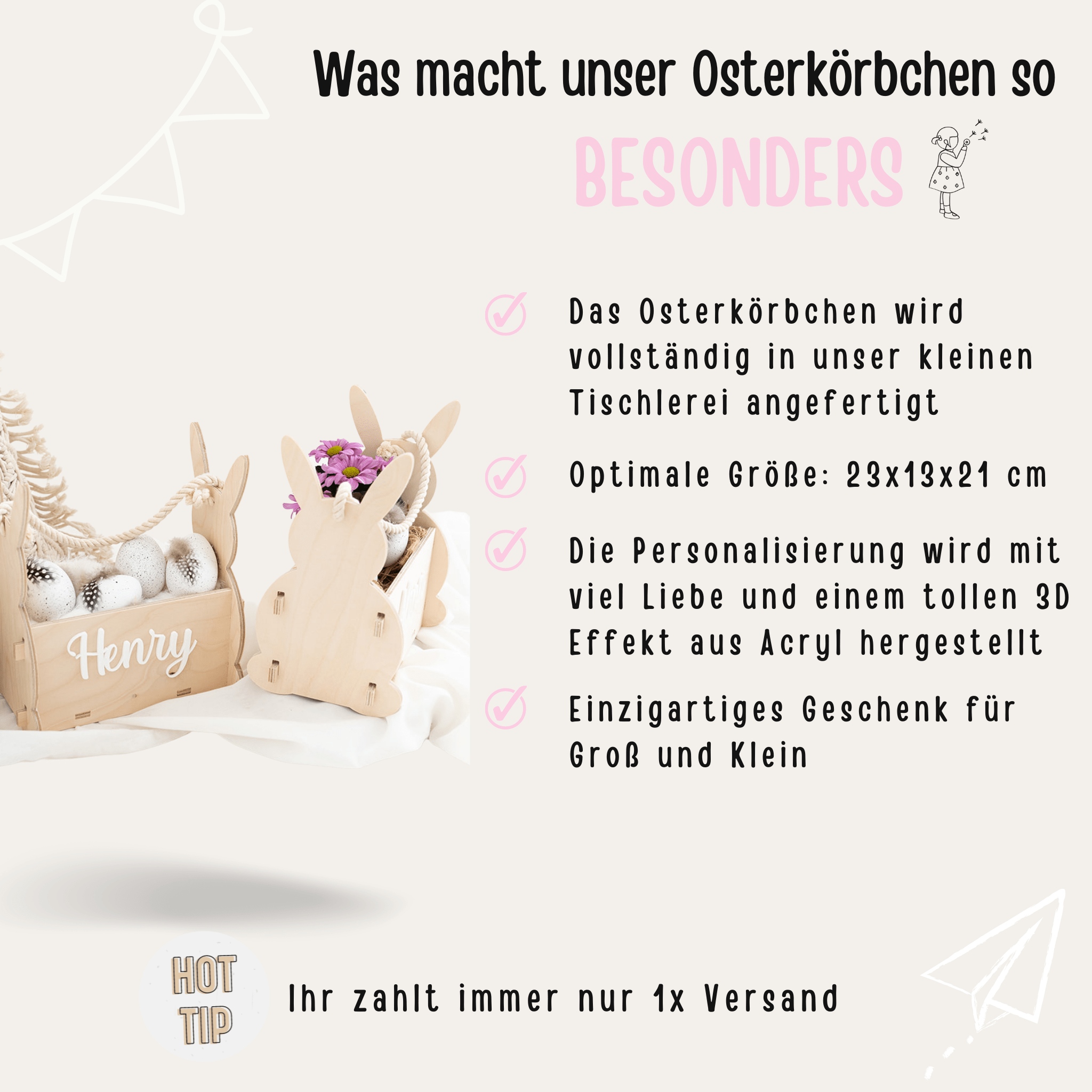 Osterhasen - Korb aus Holz personalisiert mit Acrylname - wunderwunsch