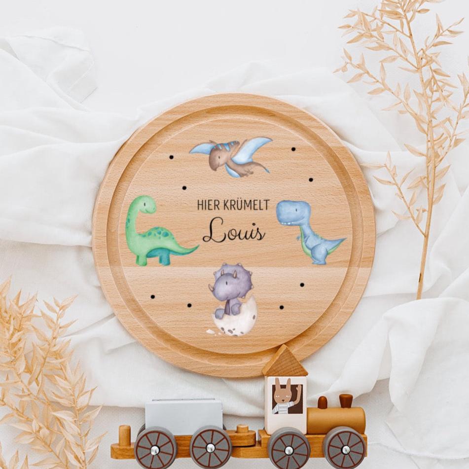 Schneidebrett Holz rund personalisiert - Dinosaurier Punkte Aquarell - wunderwunsch