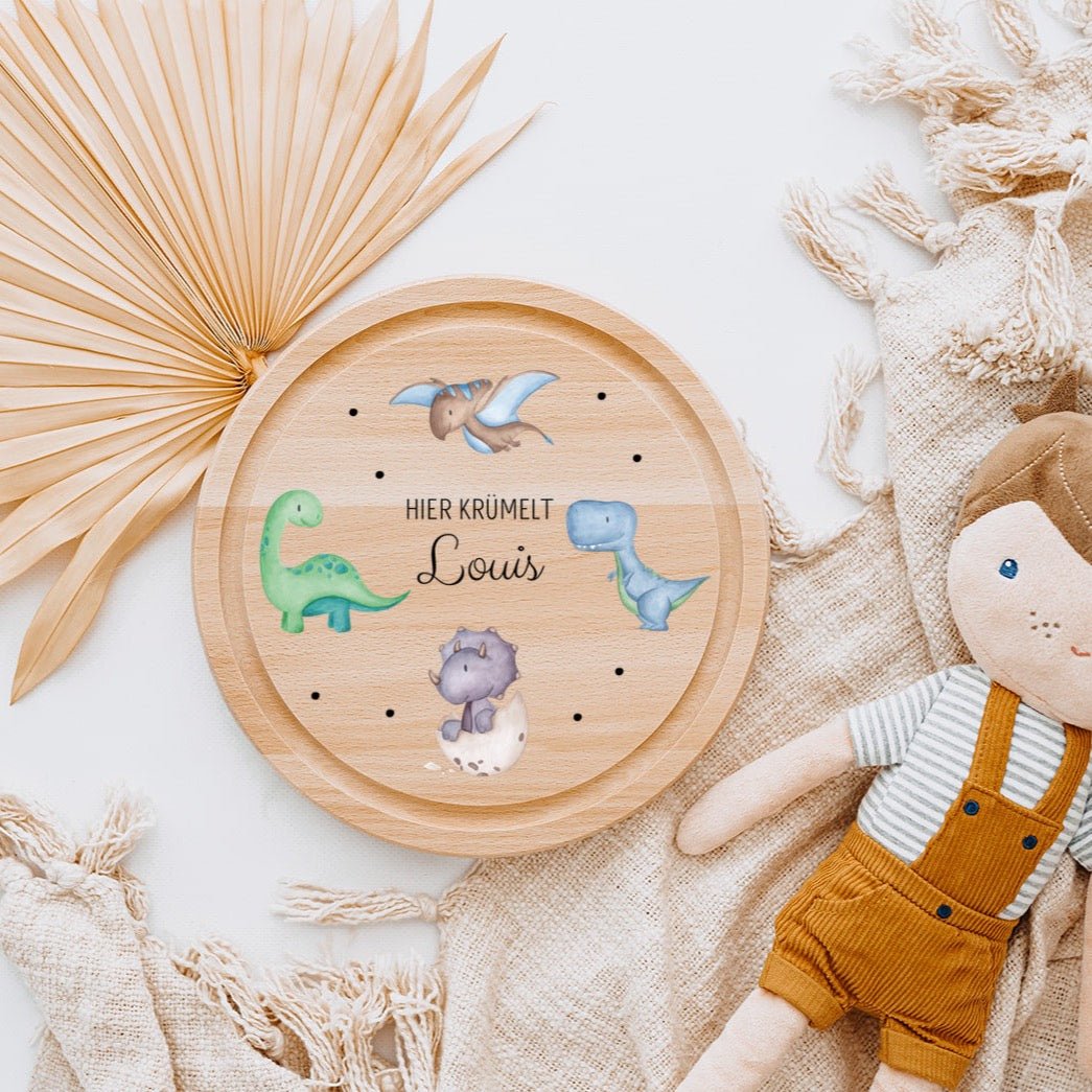 Schneidebrett Holz rund personalisiert - Dinosaurier Punkte Aquarell - wunderwunsch
