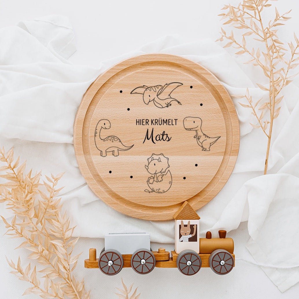 Schneidebrett Holz rund personalisiert - Dinosaurier Punkte Gravur - wunderwunsch