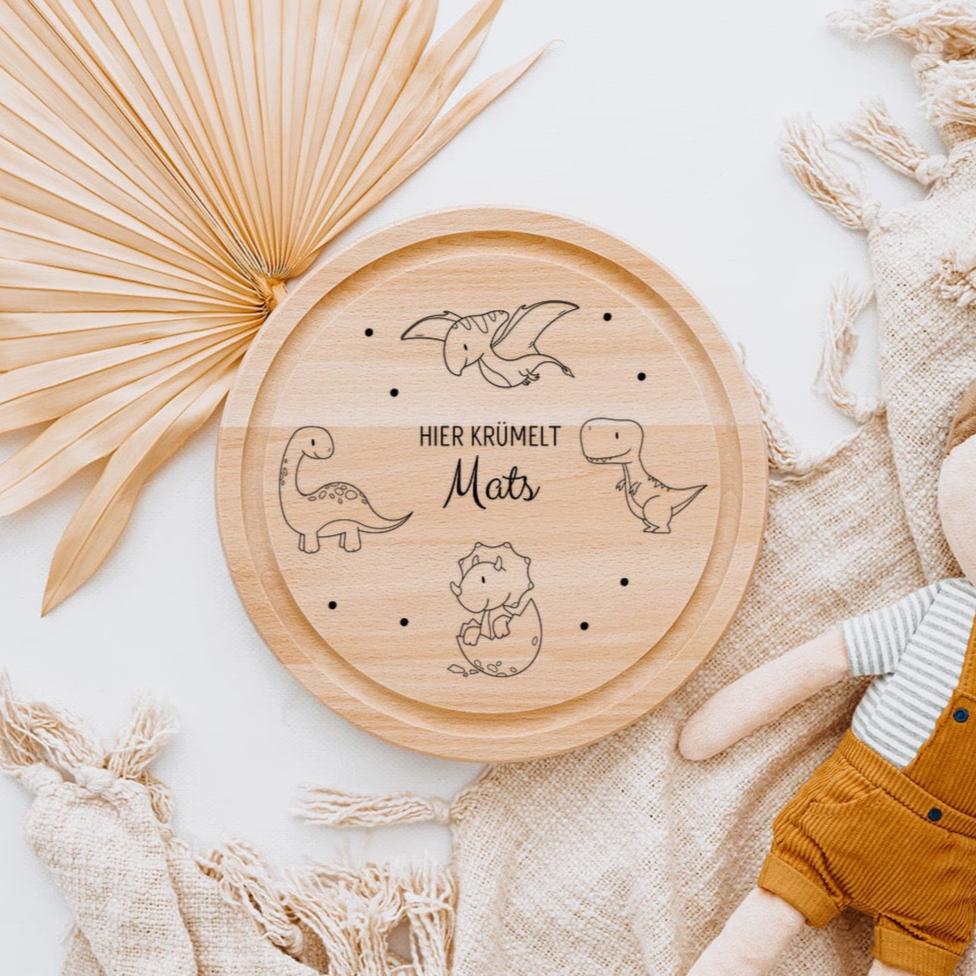 Schneidebrett Holz rund personalisiert - Dinosaurier Punkte Gravur - wunderwunsch