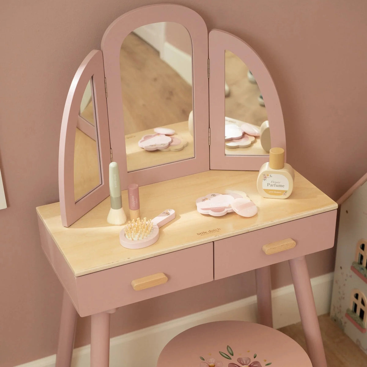 LITTLE DUTCH Holz Schminktisch groß mit Hocker - Rosa - Essentials