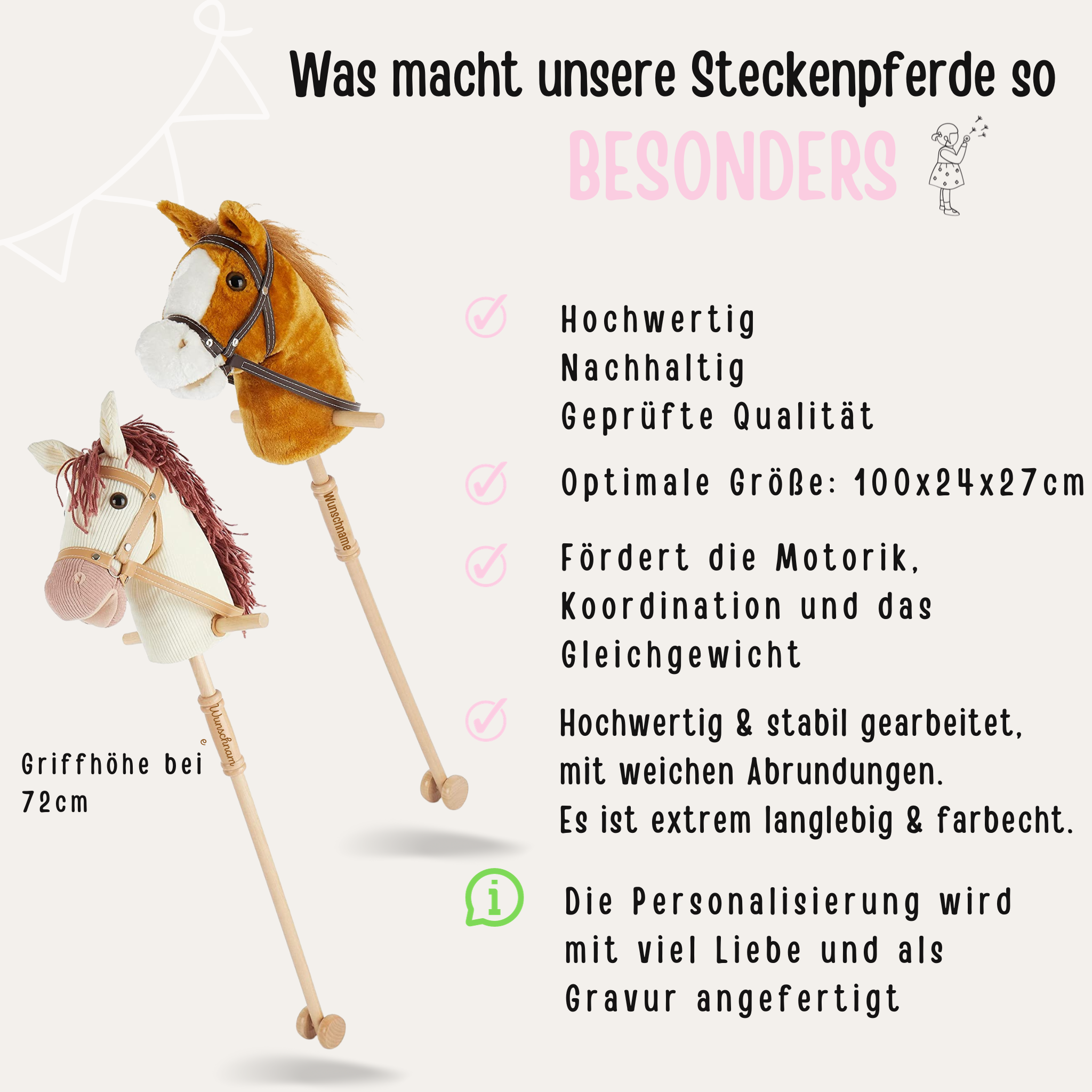 Steckenpferd braun/rosa personalisiert