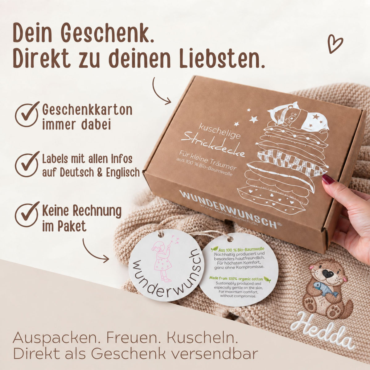Baby Strickdecke aus 100% Bio-Baumwolle personalisiert - Otter mit Fisch