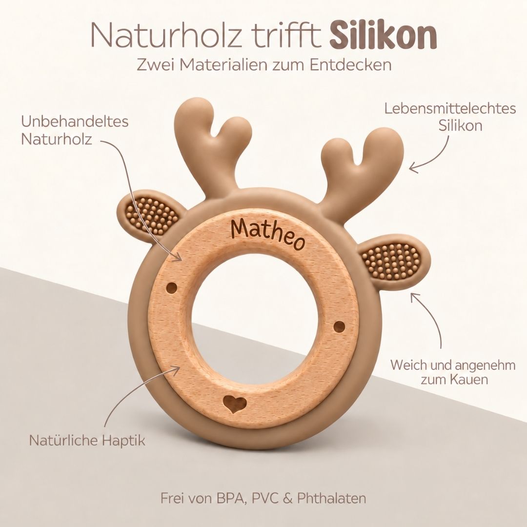 Beißring aus Holz & Silikon personalisiert - Tier