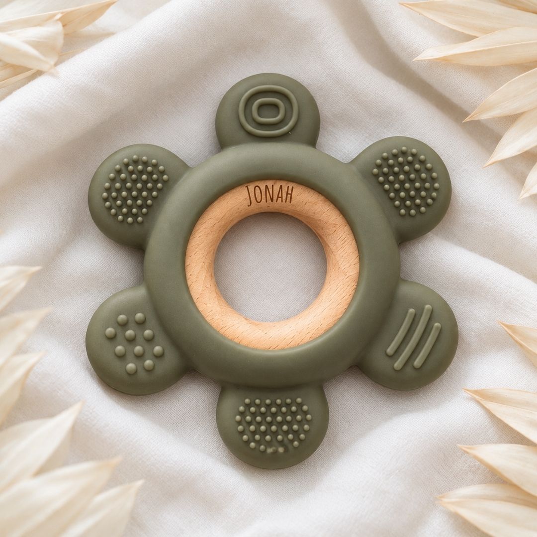 Beißring aus Holz & Silikon personalisiert - Blume