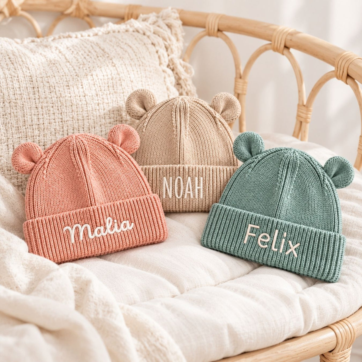 Baby Strickmütze mit Ohren personalisiert