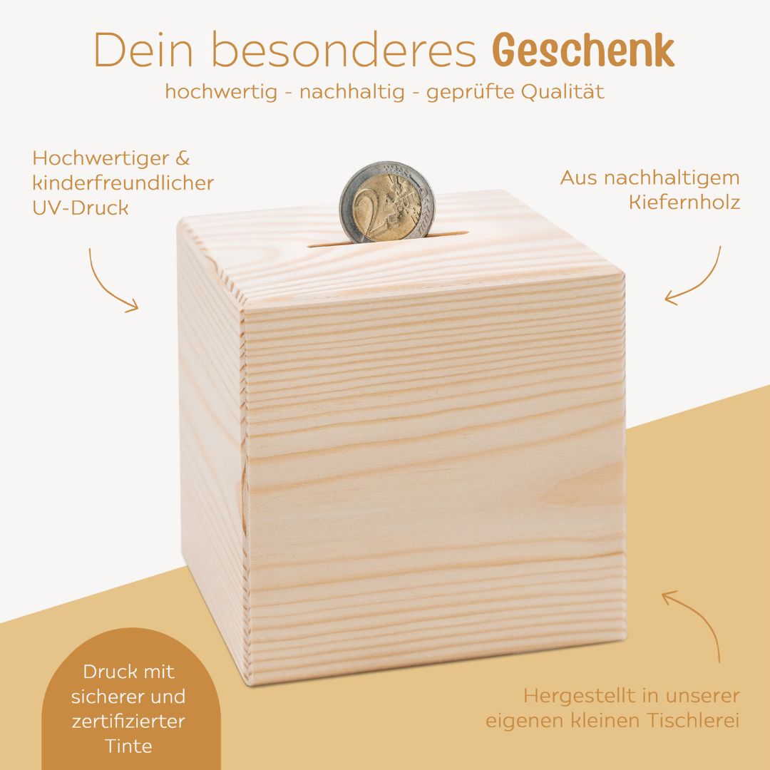 Spardose Holz personalisiert - Tierischer Gartenzauber Aquarell