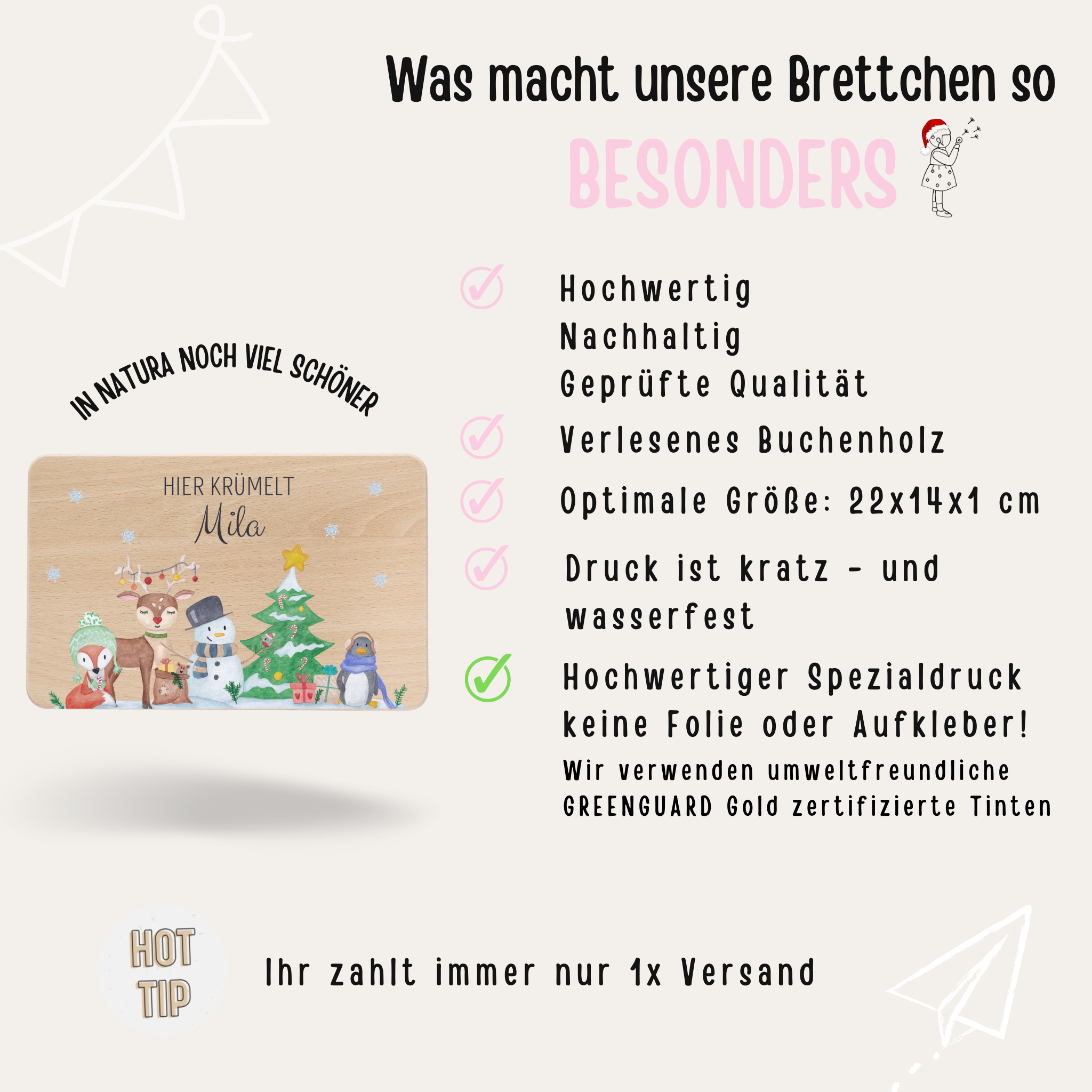 Frühstücksbrett und Emaille Kindertasse personalisiert - Waldtiere Winter bunt