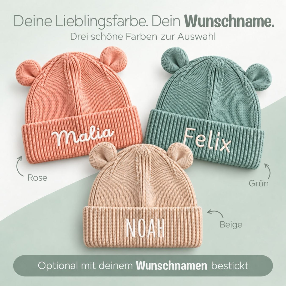 Baby Strickmütze mit Ohren personalisiert