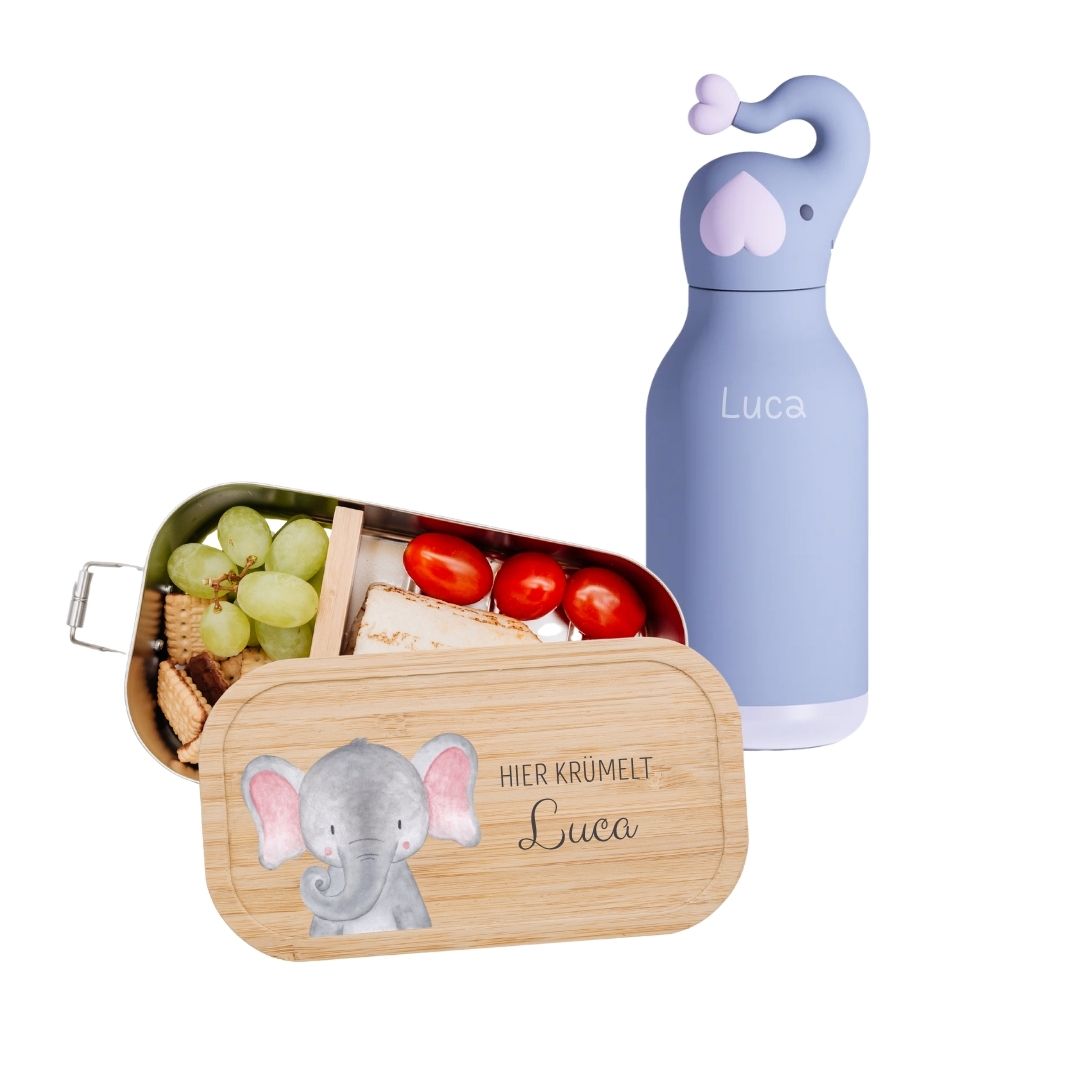 Pausen Bundle - Brotdose + ASOBU Bestie Tier Trinkflasche personalisiert