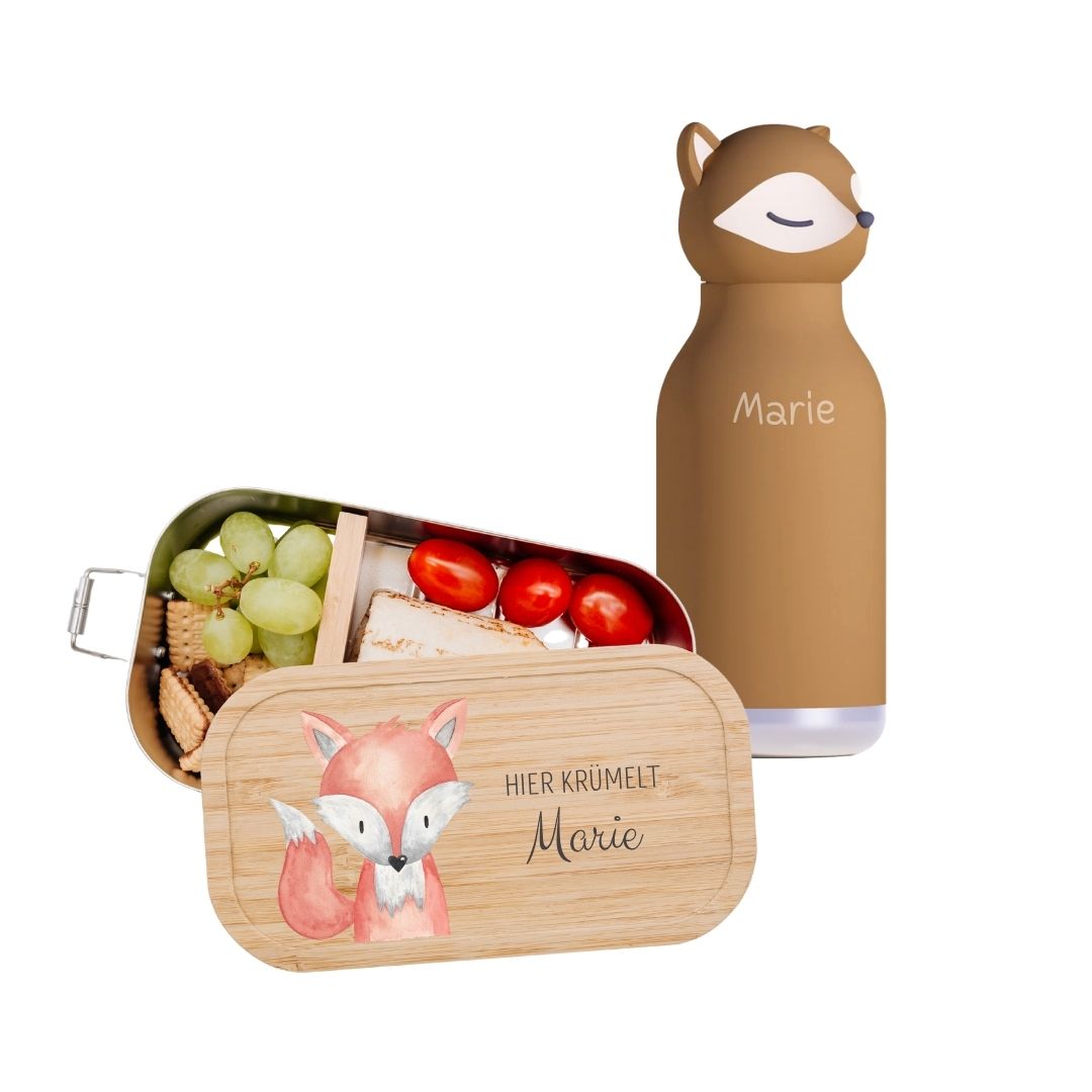 Pausen Bundle - Brotdose + ASOBU Bestie Tier Trinkflasche personalisiert