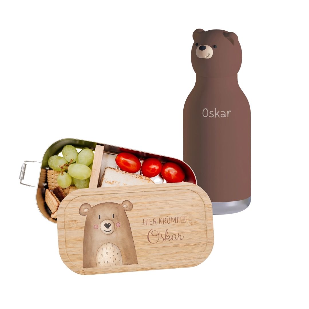 Pausen Bundle - Brotdose + ASOBU Bestie Tier Trinkflasche personalisiert