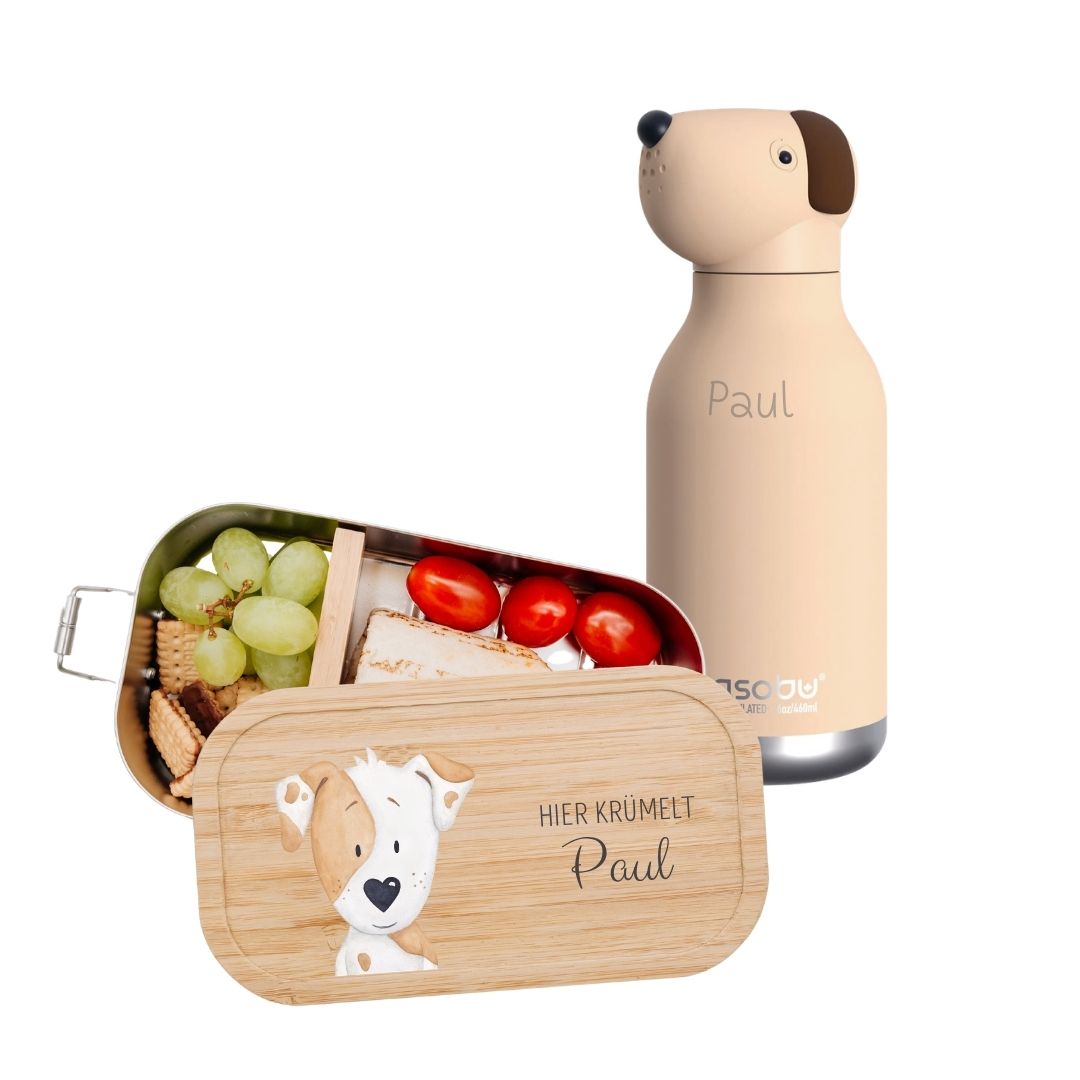 Pausen Bundle - Brotdose + ASOBU Bestie Tier Trinkflasche personalisiert