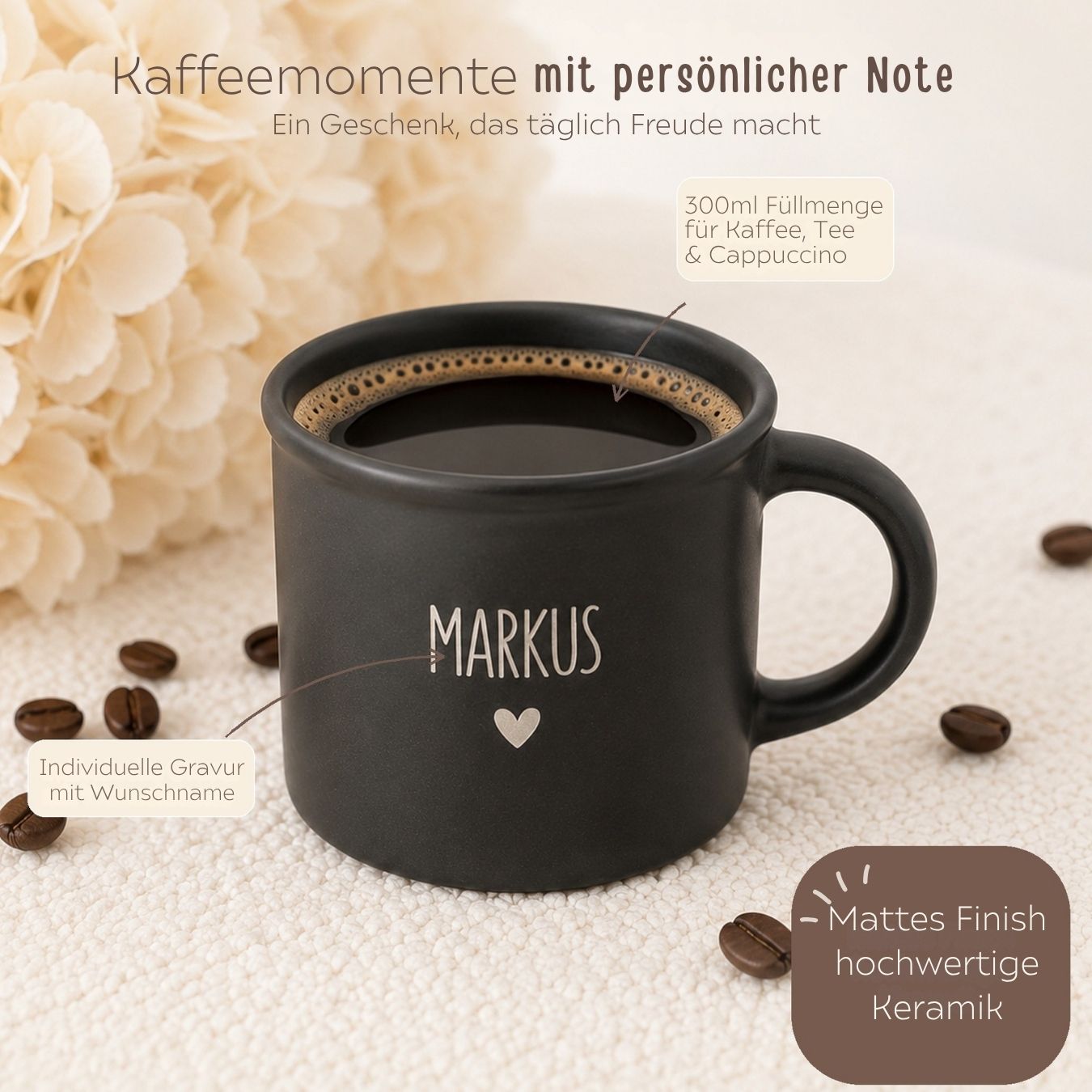 Kaffeetasse Keramik 300ml - Name und Herz