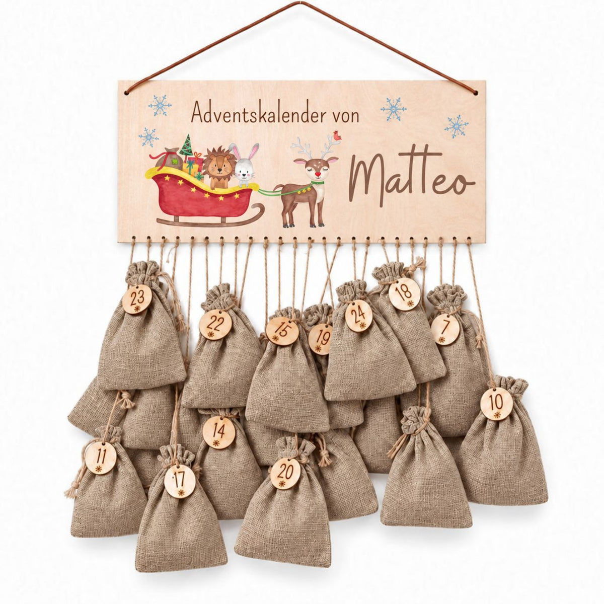 Adventskalender personalisiert - Schlitten Tiere Aquarell