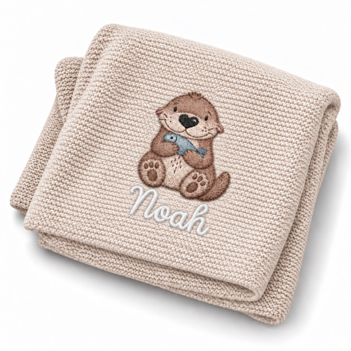 Baby Strickdecke aus 100% Bio-Baumwolle personalisiert - Otter mit Fisch