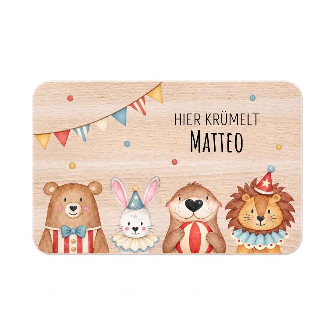 Frühstücksbrettchen personalisiert - Zirkus Tiere unten Girlande Aquarell