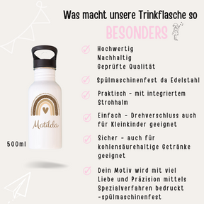 Kinder Trinkflasche weiß mit Trinkhalm personalisiert - Regenbogen beige Aquarell