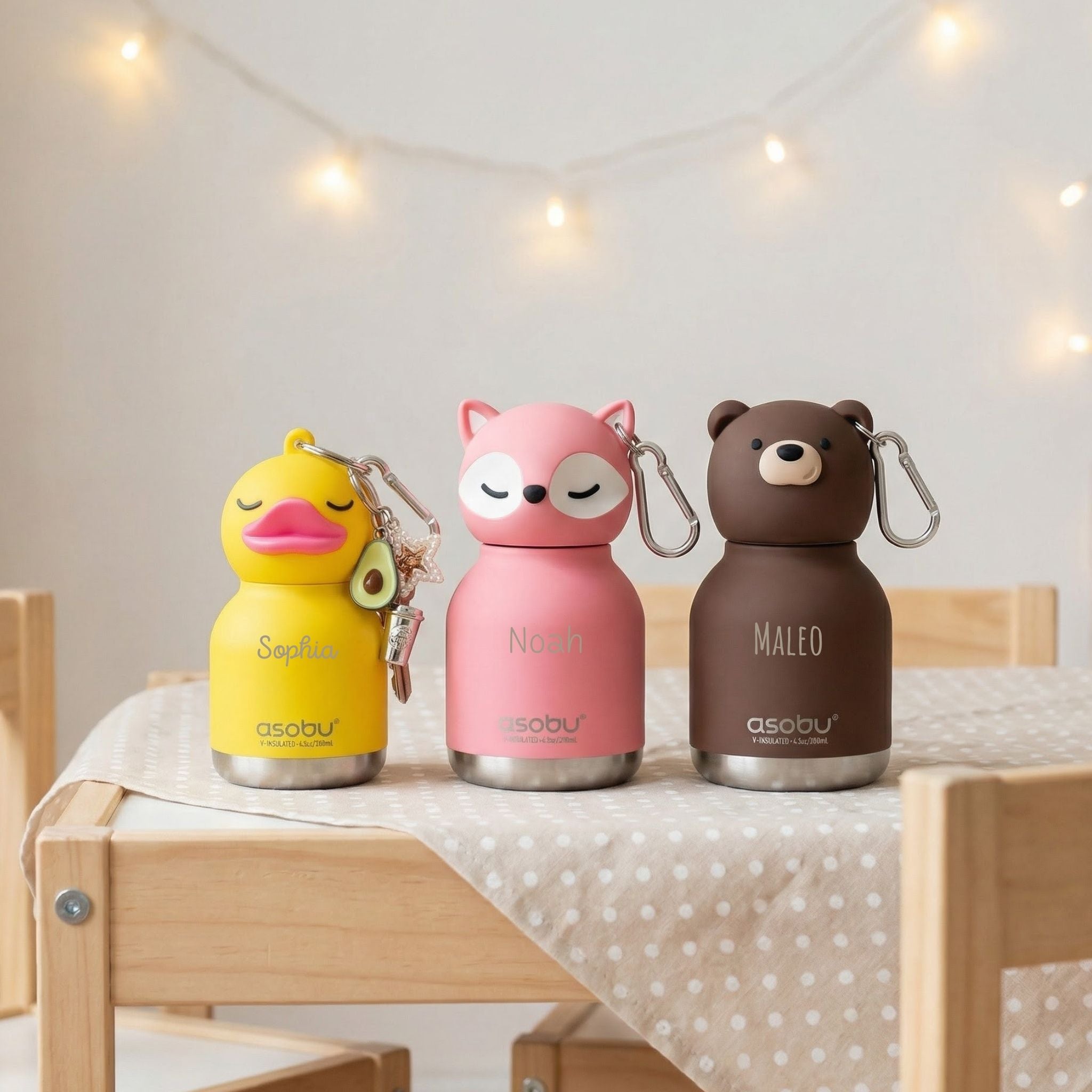 ASOBU Mini Bestie Tier Trinkflasche mit Schlüsselanhänger personalisierbar