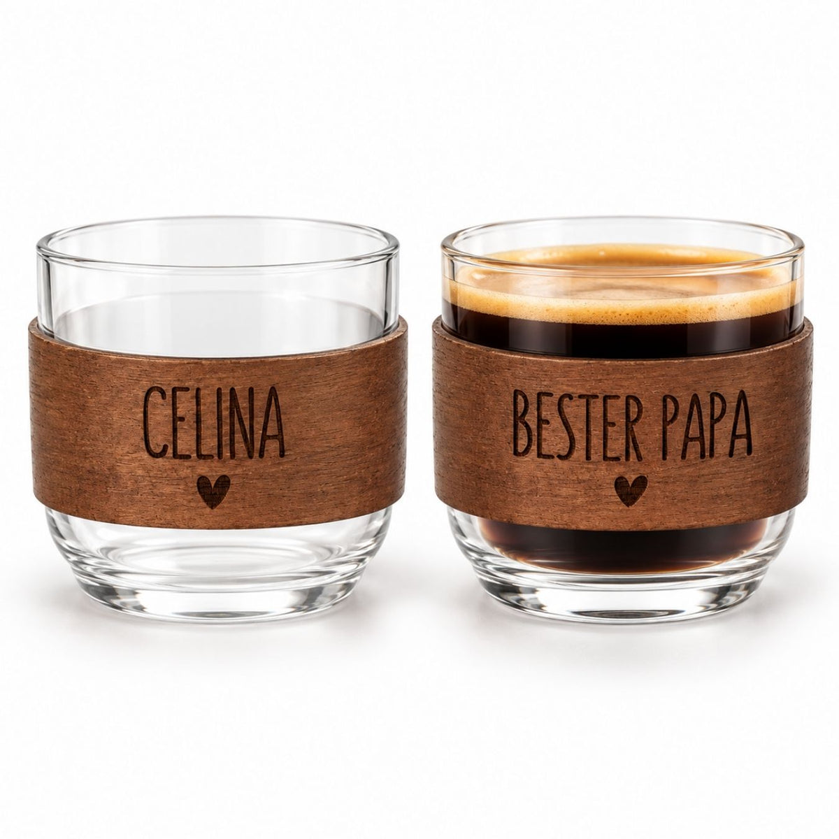 Kleines Kaffeeglas mit Holz personalisiert