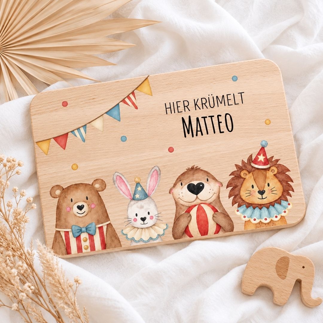 Frühstücksbrettchen personalisiert - Zirkus Tiere unten Girlande Aquarell