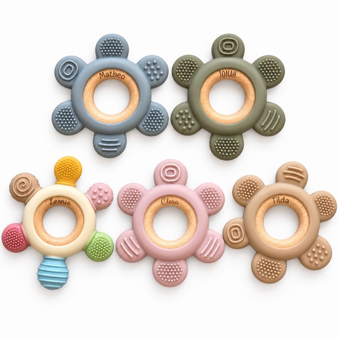 Beißring aus Holz & Silikon personalisiert - Blume