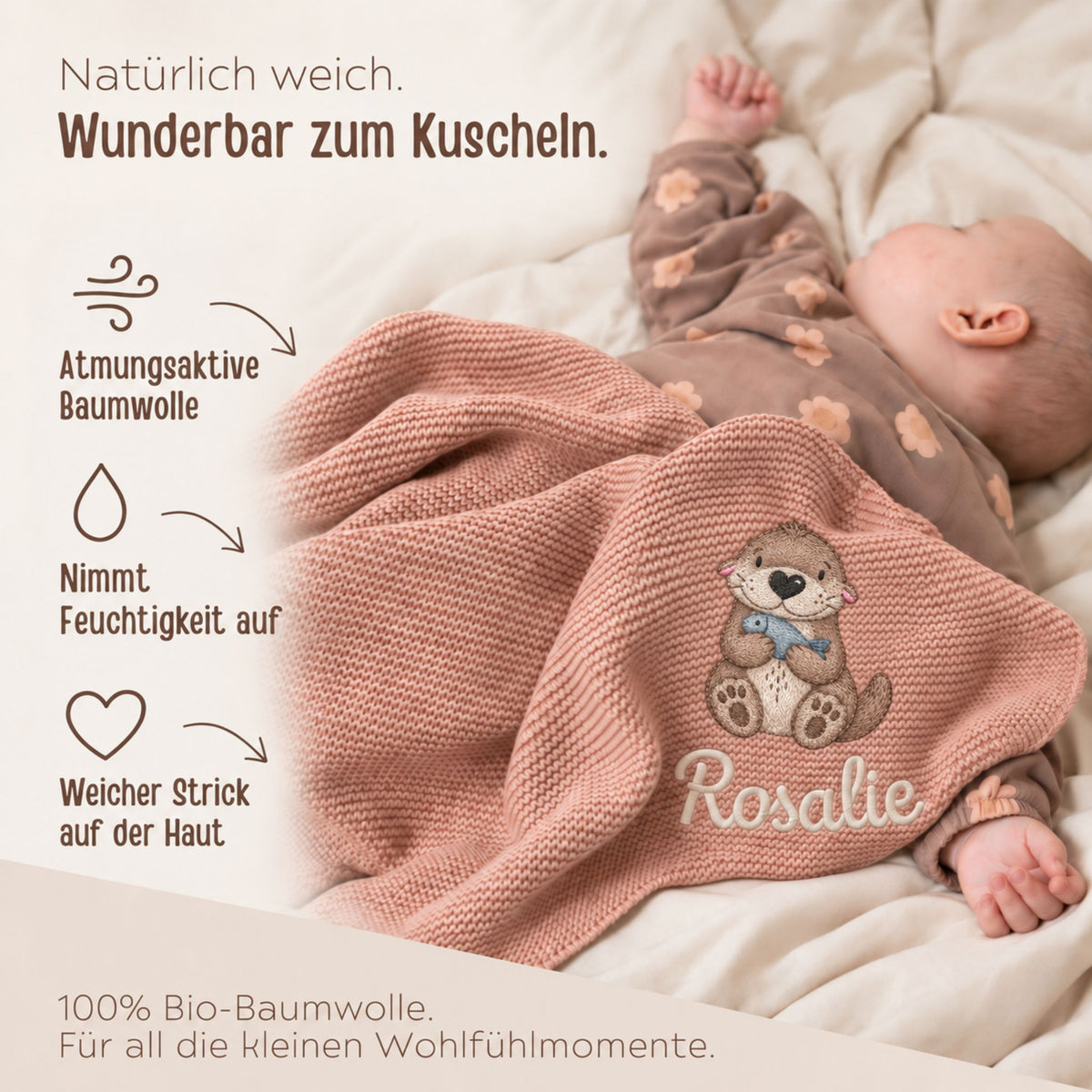 Baby Strickdecke aus 100% Bio-Baumwolle personalisiert - Otter mit Fisch