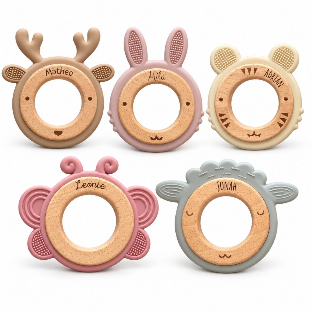 Beißring aus Holz & Silikon personalisiert - Tier