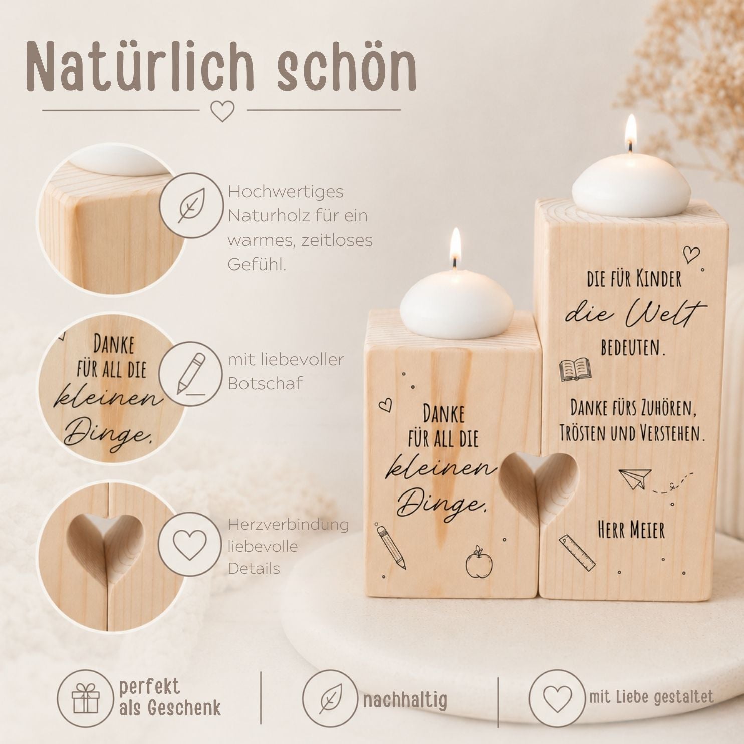 Kerzenhalter aus Holz mit Herz personalisiert - Dankeschön für Lehrer & Erzieher